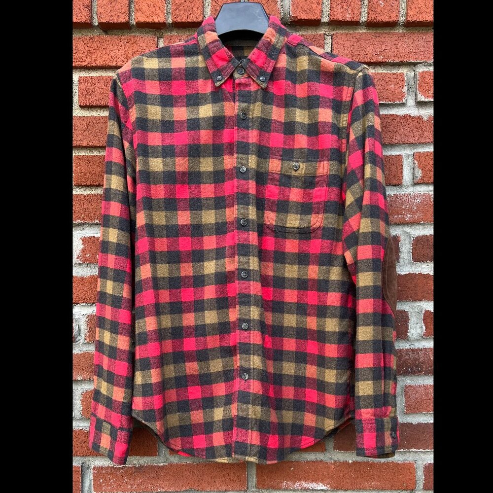 J.Crew Men’s Wool-Blend Flannel Shirt – Red & Brown Buffalo Plaid (Size M)